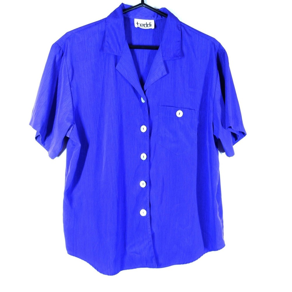 Vintage Teddi Petite Blouse Women‎ PL Purple Short Sleeve Button Up Camp Collar